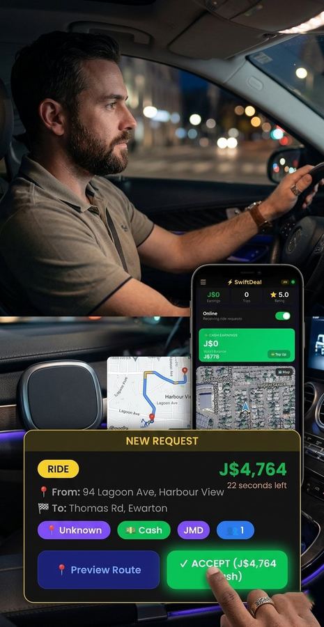 A SwiftDeal driver accepting a ride request at night