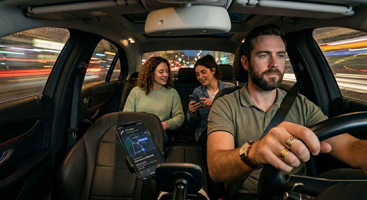 Passengers riding in the back of a SwiftDeal car at night